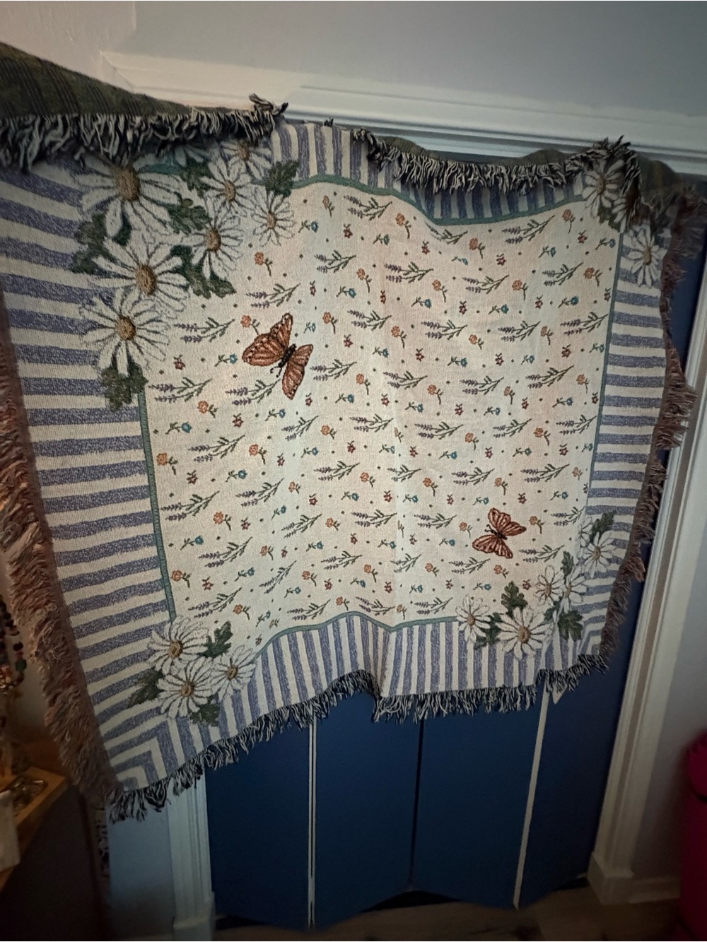 Floral & Butterfly Woven Throw - Cream, Blue, Green, Brown
